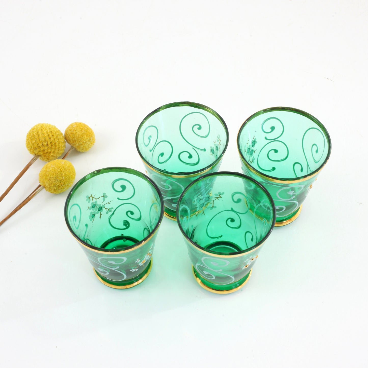 SOLD - Vintage Hand Painted Emerald Green Bohemian Shot Glasses