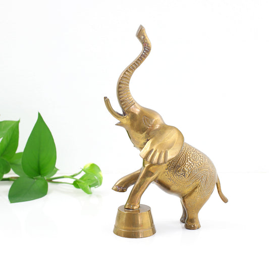 SOLD - Vintage Brass Elephant with Stamped Floral Motif