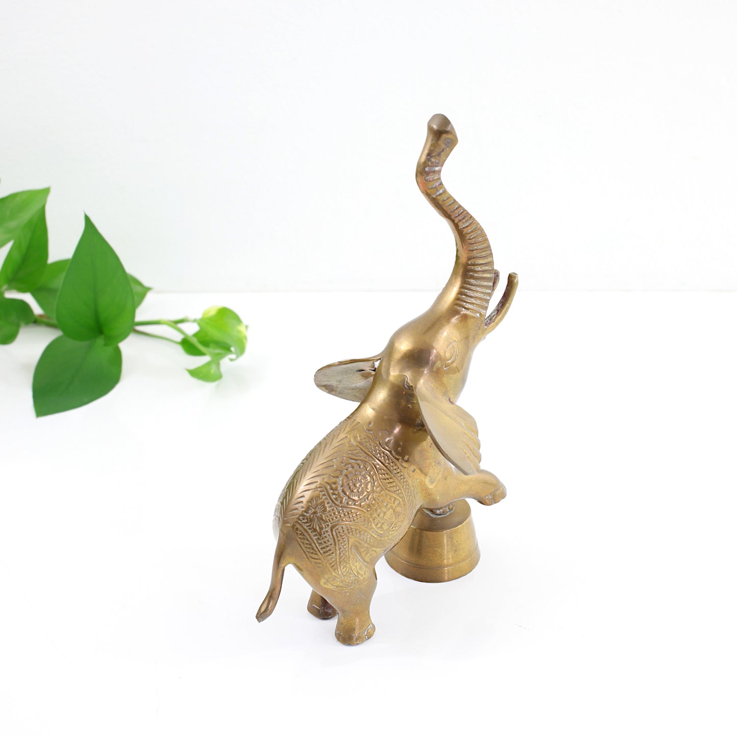 SOLD - Vintage Brass Elephant with Stamped Floral Motif