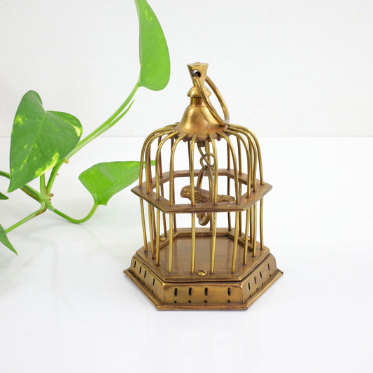 SOLD - Vintage Brass Bird Cage with Tiny Brass Bird