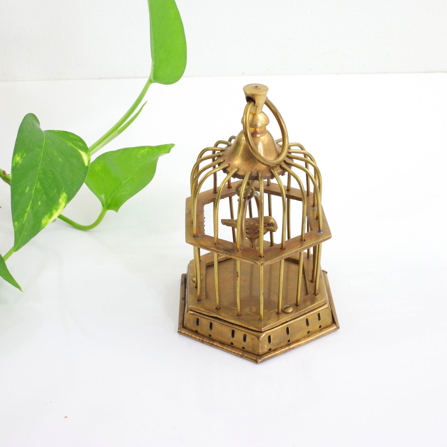 SOLD - Vintage Brass Bird Cage with Tiny Brass Bird