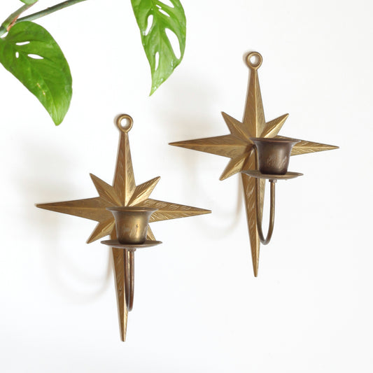 SOLD - Mid Century Modern Brass Starburst Wall Sconce Candle Holders
