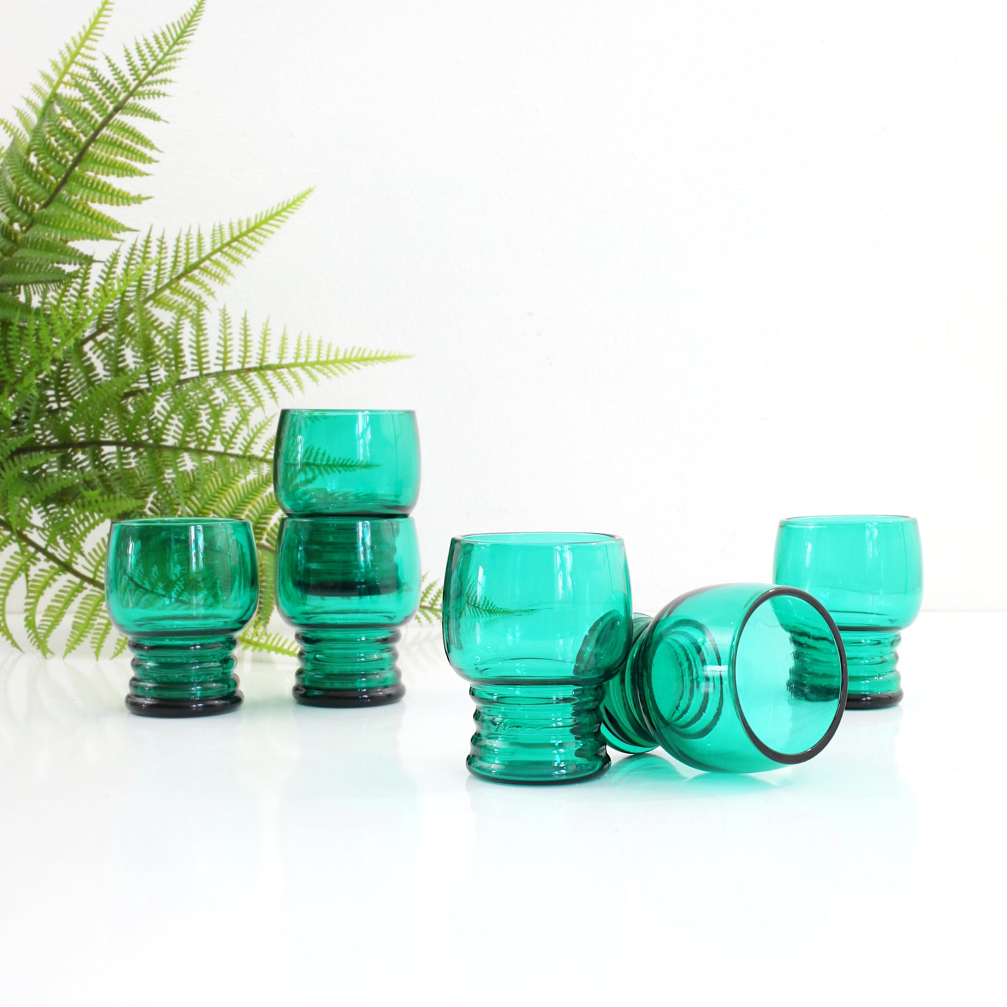 SOLD - Vintage Emerald Green Shot Glasses / Set of Six