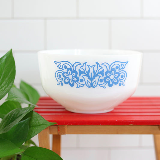SOLD - Vintage Federal Glass Blue Tulip Flowers Milk Glass Mixing Bowl