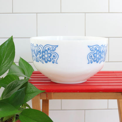 SOLD - Vintage Federal Glass Blue Tulip Flowers Milk Glass Mixing Bowl
