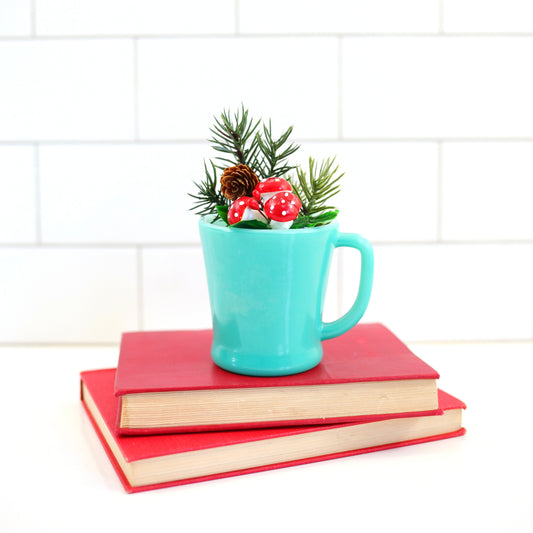 SOLD - Mid Century Aqua Fire King D Handle Milk Glass Mug