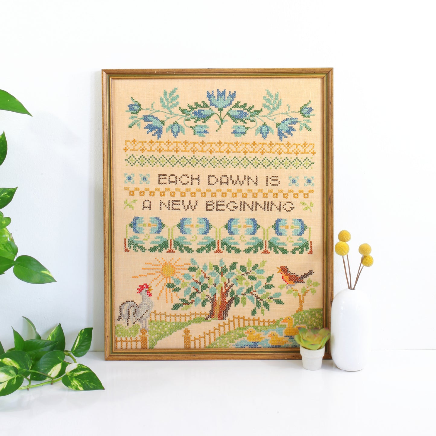 SOLD - Vintage Framed Cross Stitch / Each Dawn Is A New Beginning