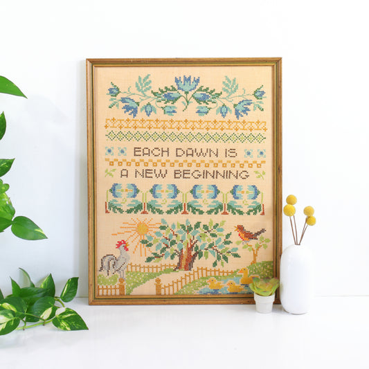 SOLD - Vintage Framed Cross Stitch / Each Dawn Is A New Beginning
