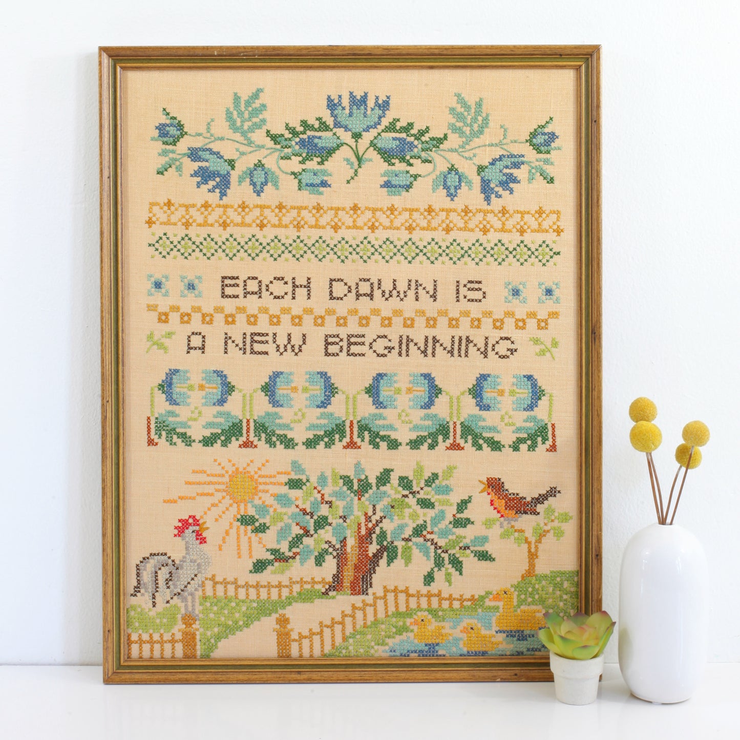 SOLD - Vintage Framed Cross Stitch / Each Dawn Is A New Beginning