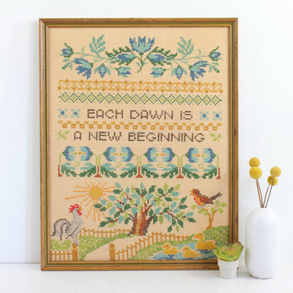 SOLD - Vintage Framed Cross Stitch / Each Dawn Is A New Beginning