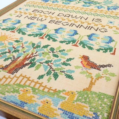 SOLD - Vintage Framed Cross Stitch / Each Dawn Is A New Beginning
