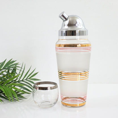 SOLD - Vintage Frosted Red & Gold Striped Cocktail Shaker with Chrome Lid