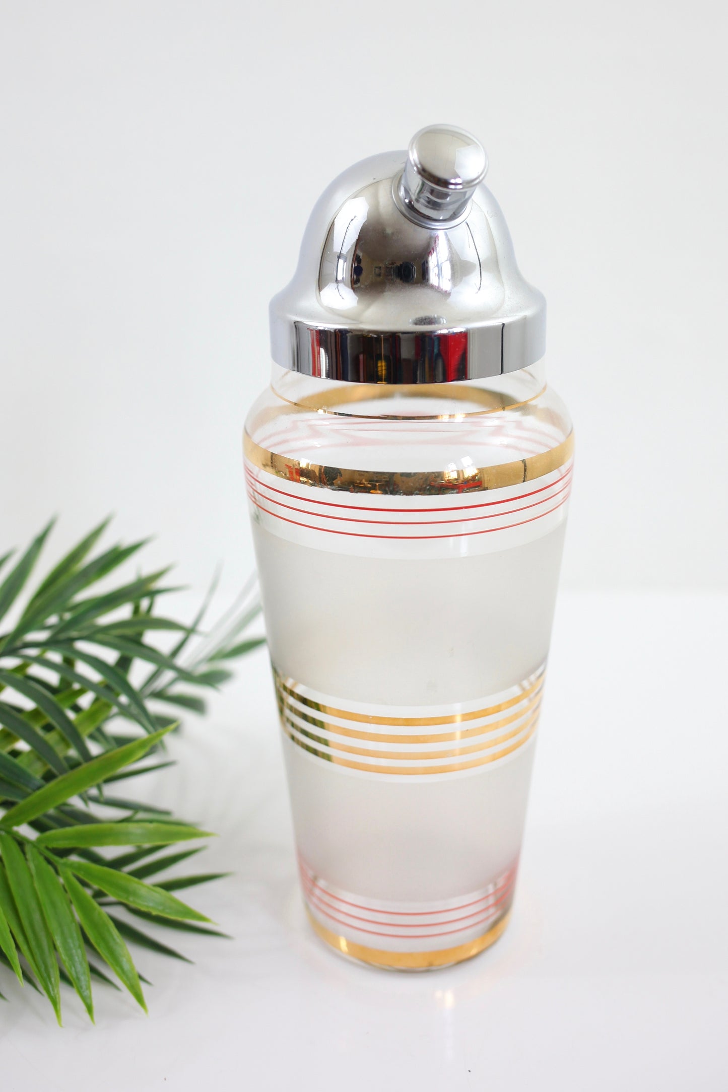SOLD - Vintage Frosted Red & Gold Striped Cocktail Shaker with Chrome Lid