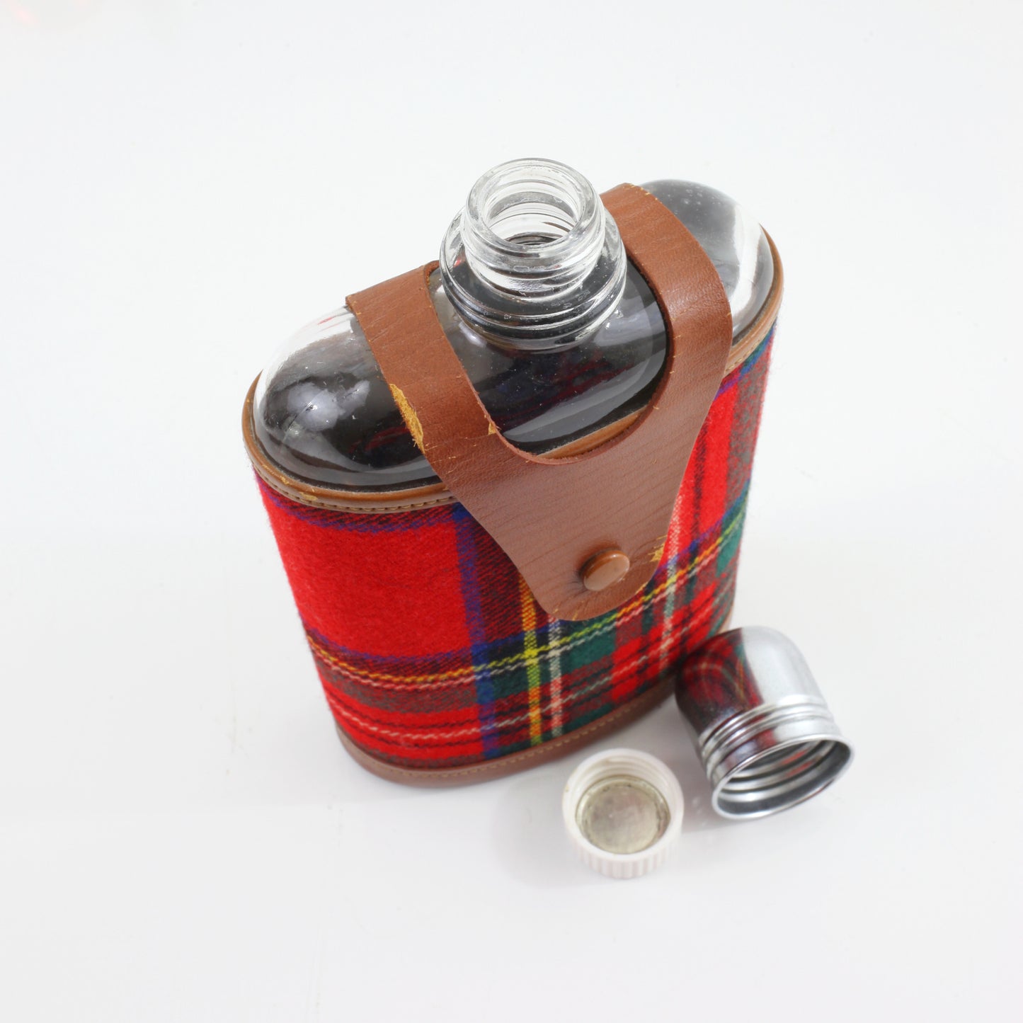 Vintage Glass Travel Flask With Leather & Wool Plaid Sleeve