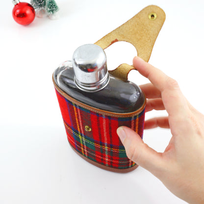 Vintage Glass Travel Flask With Leather & Wool Plaid Sleeve