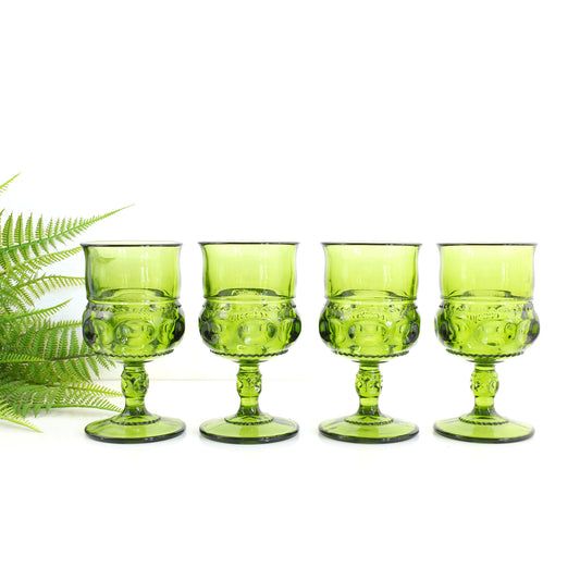 SOLD - Vintage Green King's Crown Thumbprint Goblets