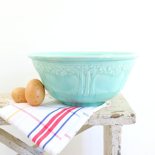 SOLD - Vintage Aqua Homer Laughlin 9.5" Apple Tree Mixing Bowl