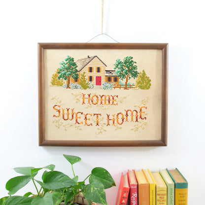 SOLD - Vintage Home Sweet Home Framed Cross Stitch