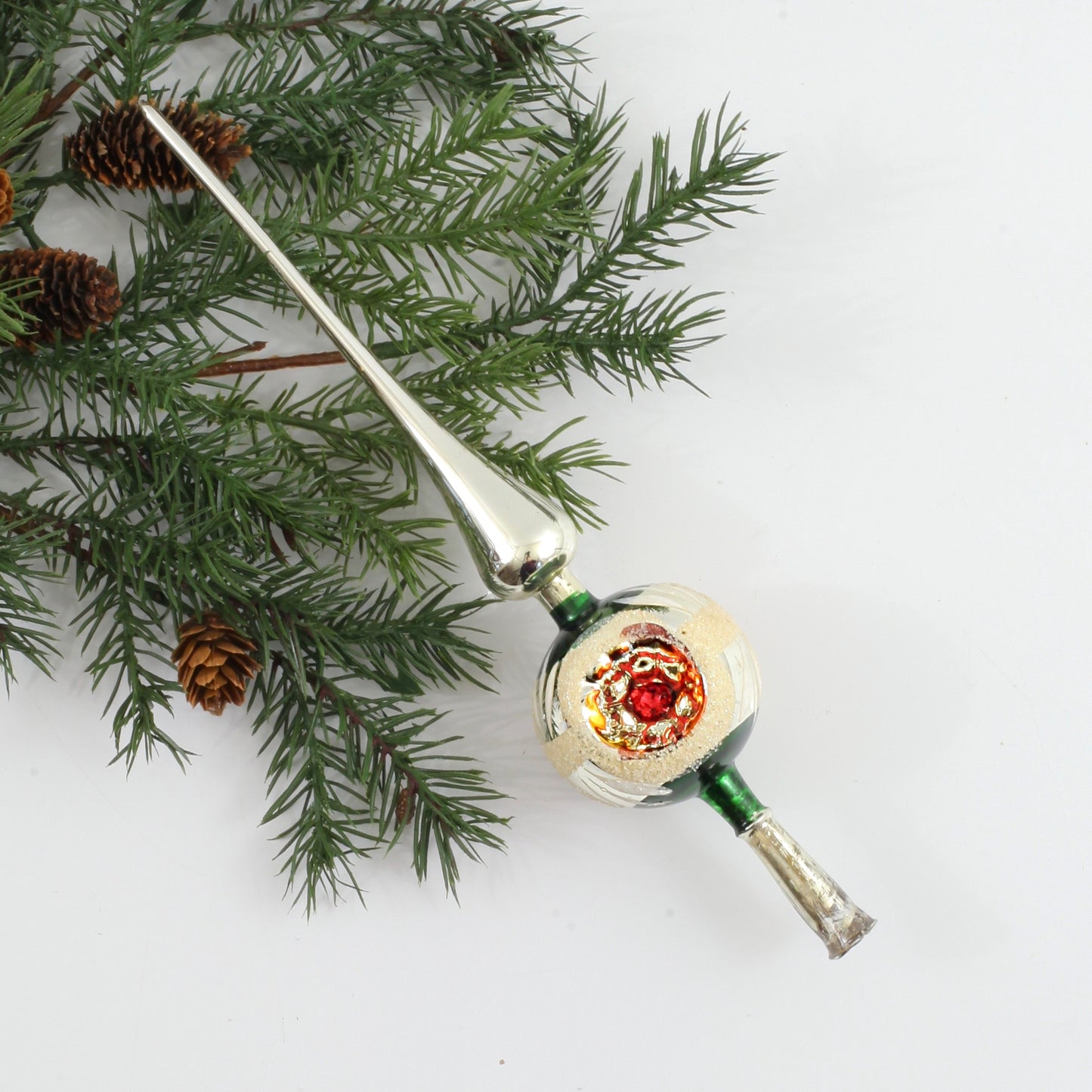SOLD - Mid Century Modern Mercury Glass Triple Indent Tree Topper in Silver & Green