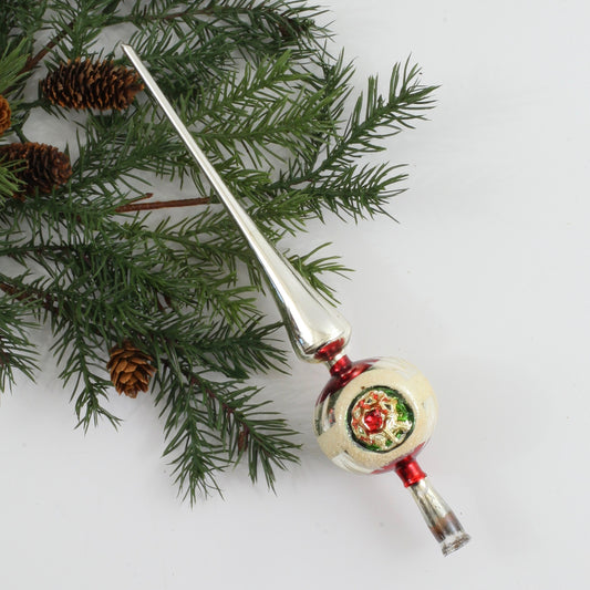 SOLD - Mid Century Modern Mercury Glass Triple Indent Tree Topper in Silver & Red