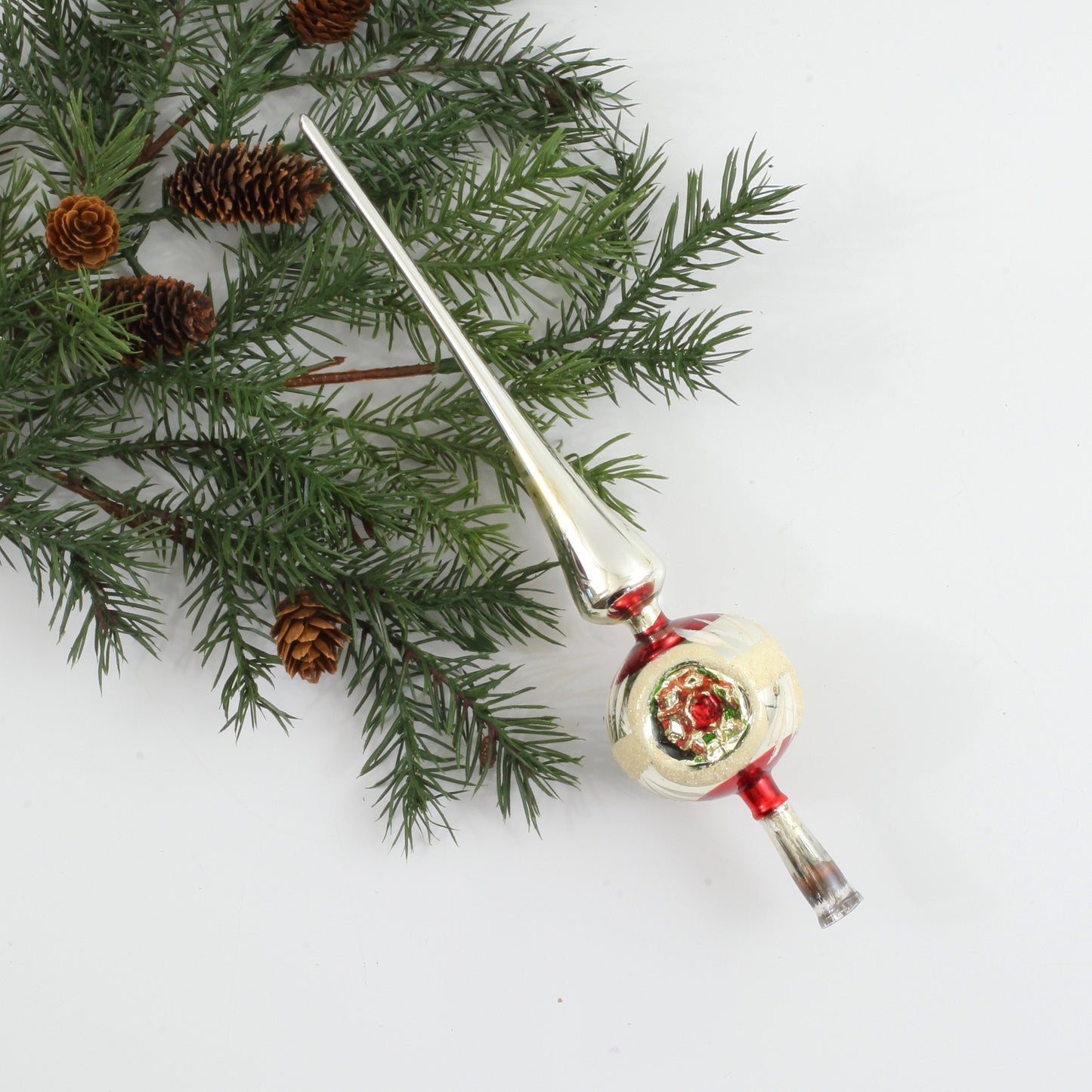 SOLD - Mid Century Modern Mercury Glass Triple Indent Tree Topper in Silver & Red