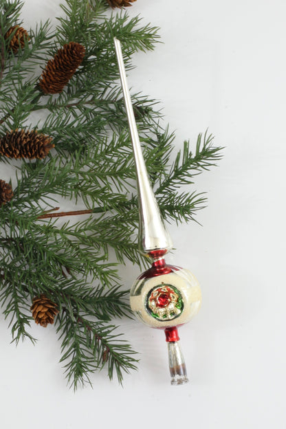 SOLD - Mid Century Modern Mercury Glass Triple Indent Tree Topper in Silver & Red