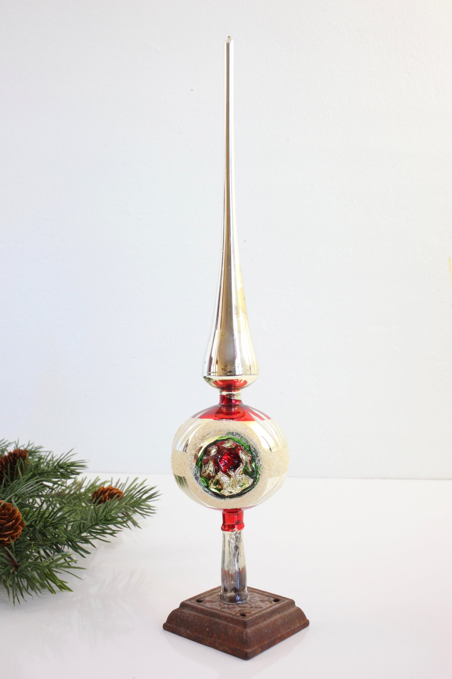SOLD - Mid Century Modern Mercury Glass Triple Indent Tree Topper in Silver & Red
