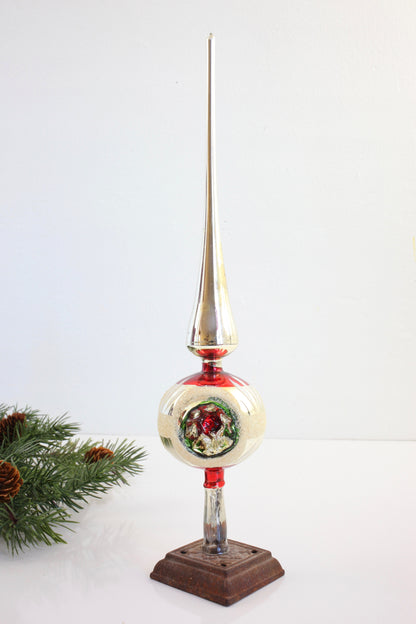 SOLD - Mid Century Modern Mercury Glass Triple Indent Tree Topper in Silver & Red