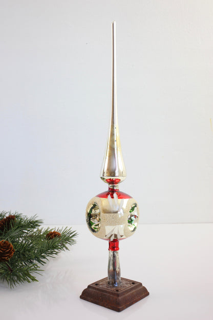 SOLD - Mid Century Modern Mercury Glass Triple Indent Tree Topper in Silver & Red