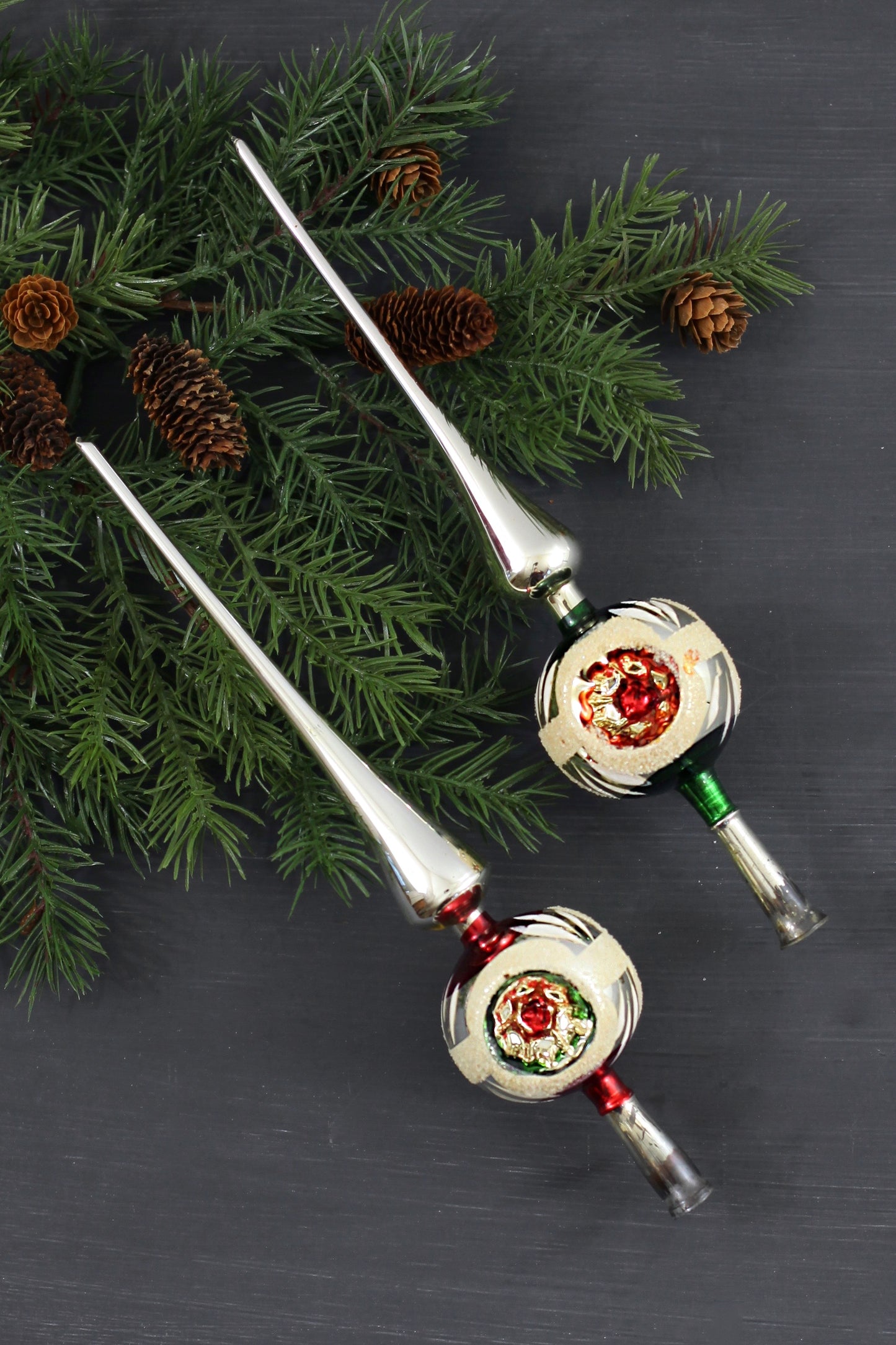 SOLD - Mid Century Modern Mercury Glass Triple Indent Tree Topper in Silver & Red