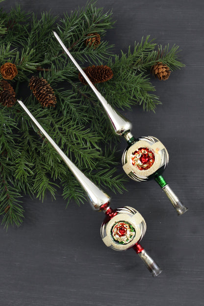 SOLD - Mid Century Modern Mercury Glass Triple Indent Tree Topper in Silver & Red