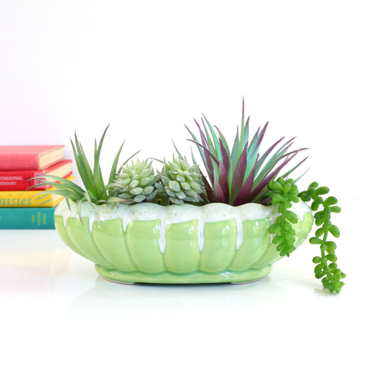 SOLD - Mid Century Pastel Green Drip Glaze Planter