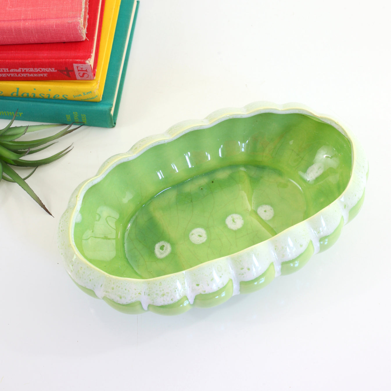 Mid Century Pastel Green Drip Glaze Planter Wise Apple Vintage