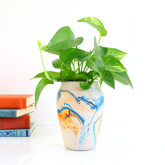 SOLD - Vintage Nemadji Pottery Vase / Orange & Blue Swirl