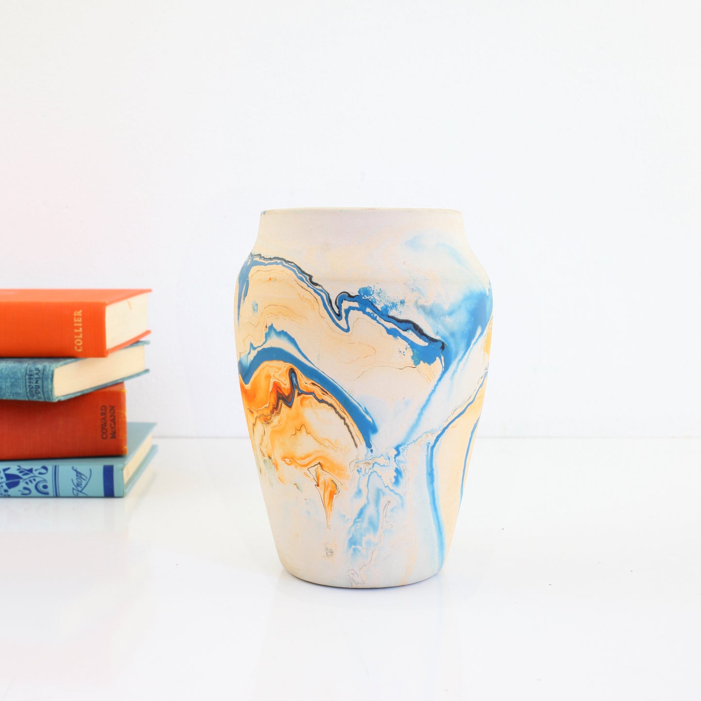 SOLD - Vintage Nemadji Pottery Vase / Orange & Blue Swirl