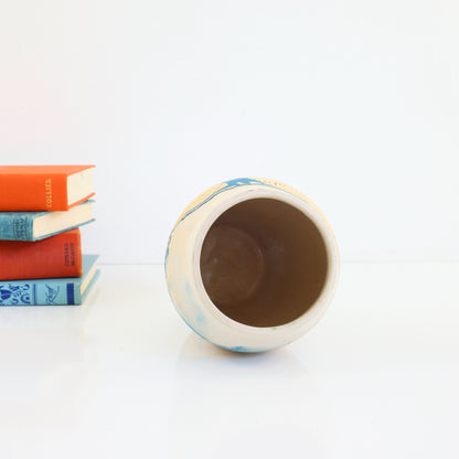 SOLD - Vintage Nemadji Pottery Vase / Orange & Blue Swirl