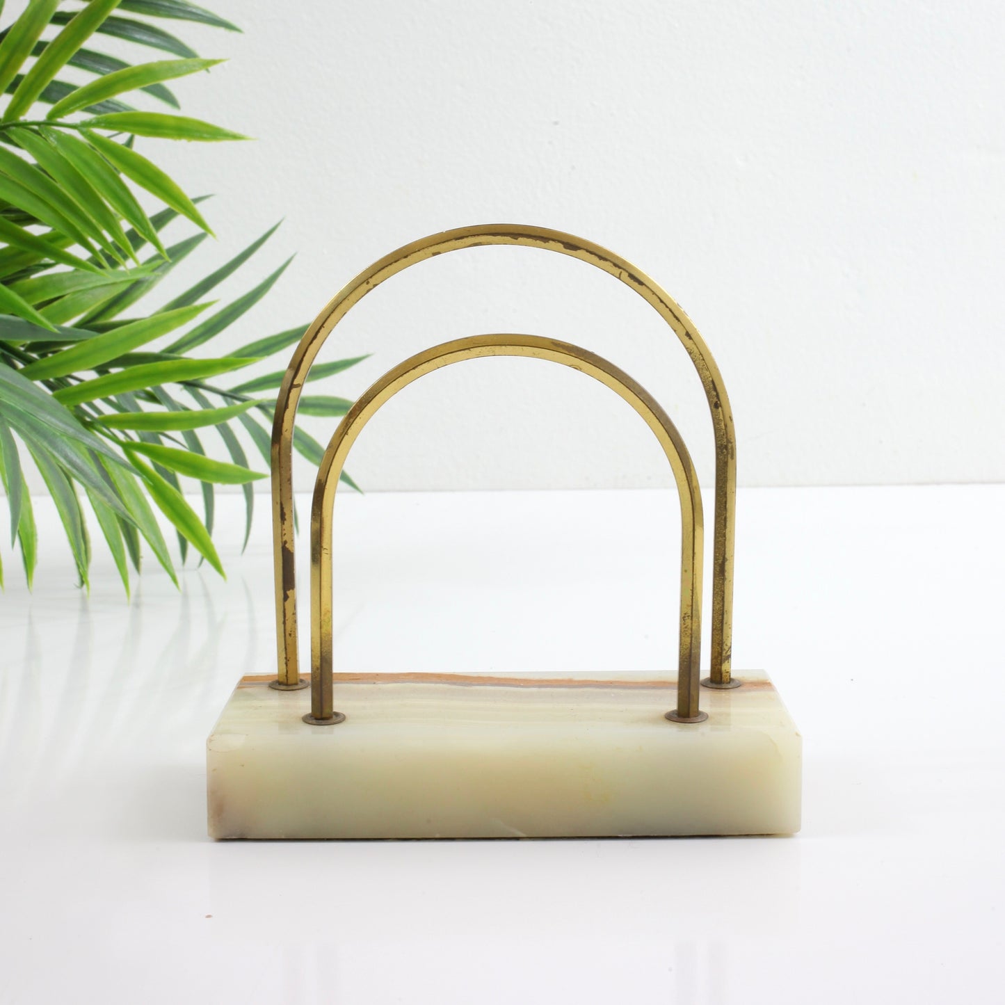 SOLD - Vintage Onyx & Brass Arches Letter Holder