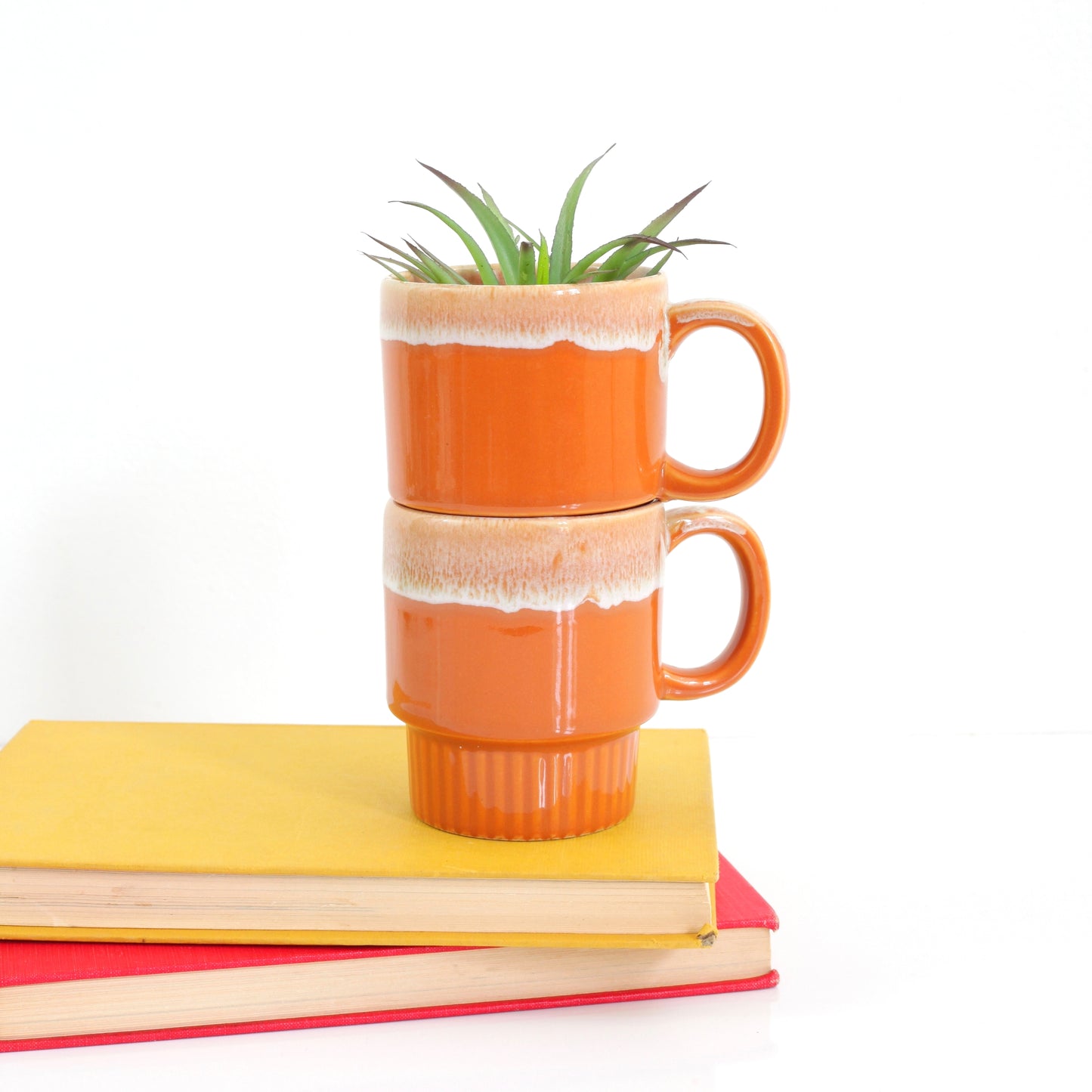 SOLD - Vintage Orange Drip Glaze Stacking Mugs from Japan