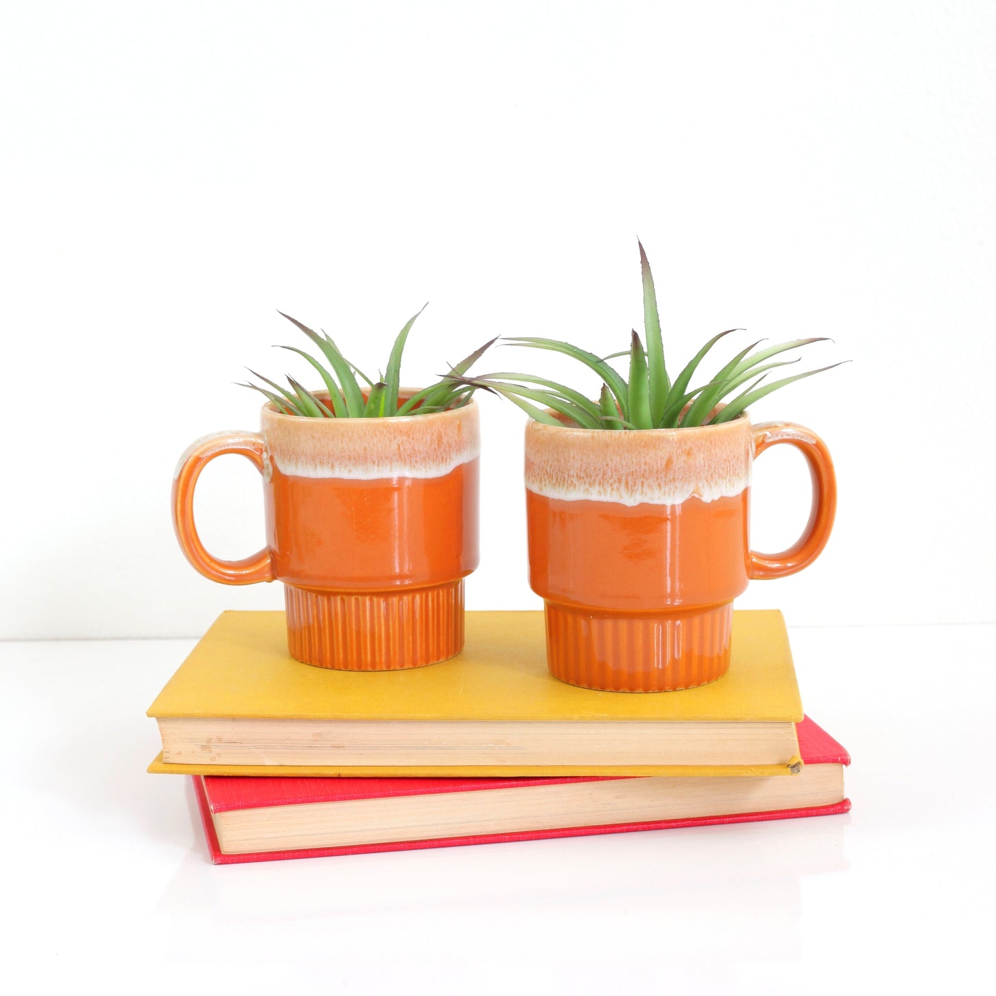 SOLD - Vintage Orange Drip Glaze Stacking Mugs from Japan