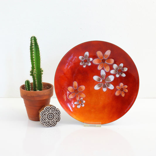 SOLD - Mid Century Modern Enamel Copper Bowl in Orange Flame