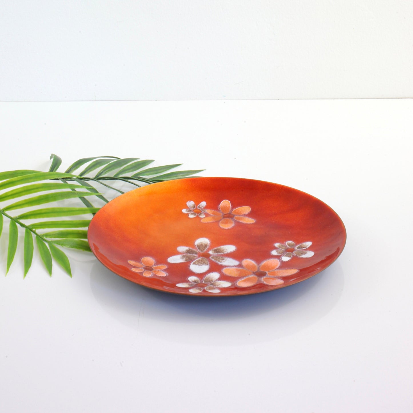 SOLD - Mid Century Modern Enamel Copper Bowl in Orange Flame