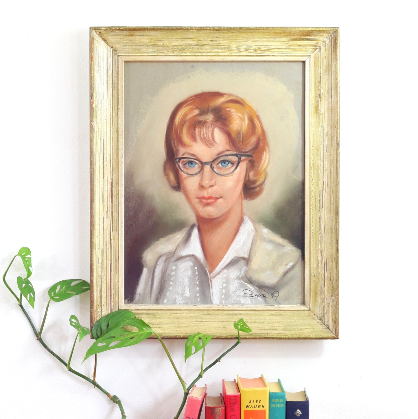 SOLD - Vintage 1959 Original Pastel Portrait of Woman in Cat Eye Glasses *FREE US Shipping*