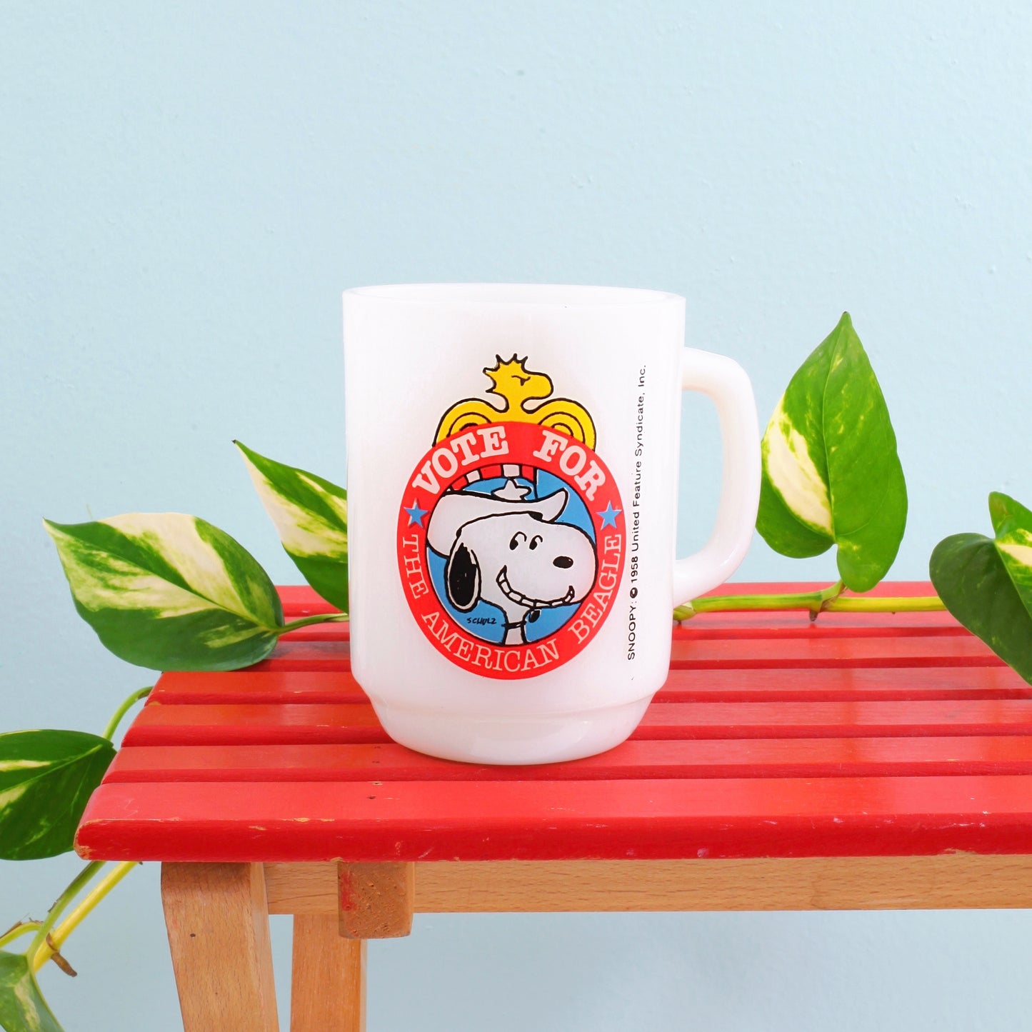 SOLD - Vintage Milk Glass Snoopy Mug / Vote For The American Beagle