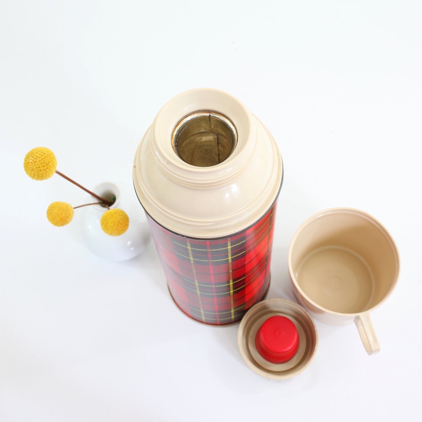 SOLD - Vintage Red Plaid Thermos / Pint Size