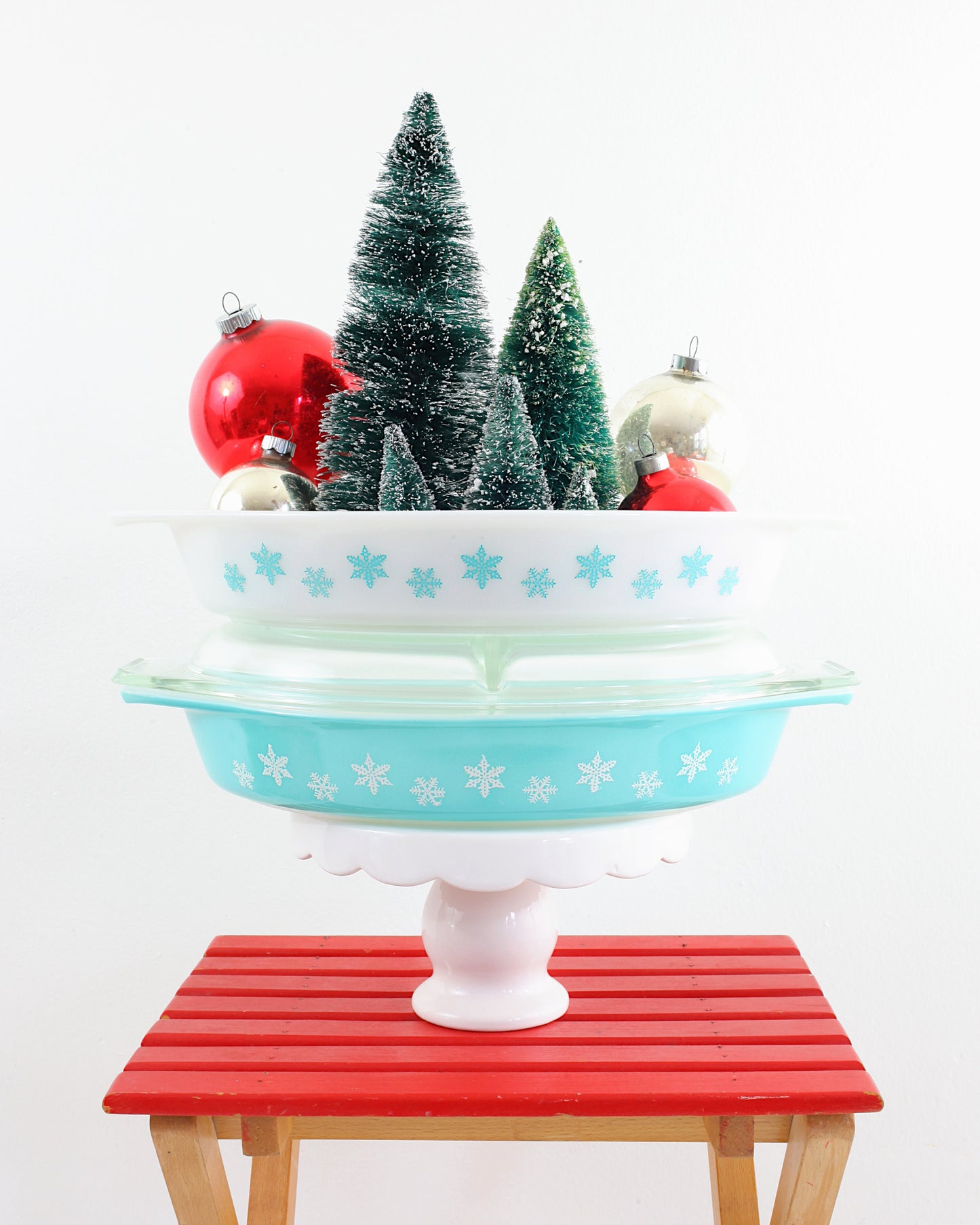 SOLD - Vintage White & Turquoise Snowflake Pyrex Casserole Dish