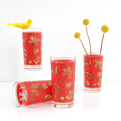 SOLD - Vintage Red & Gold Textured Flower Glasses / Set of Four