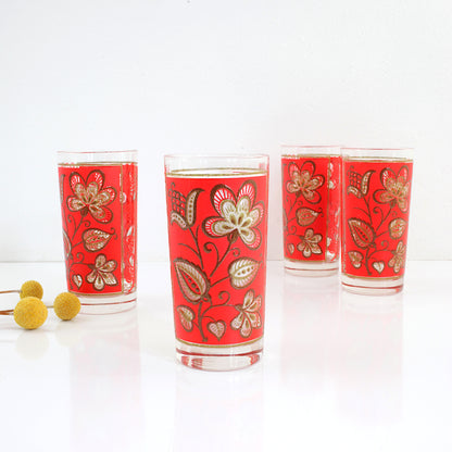 SOLD - Vintage Red & Gold Textured Flower Glasses / Set of Four