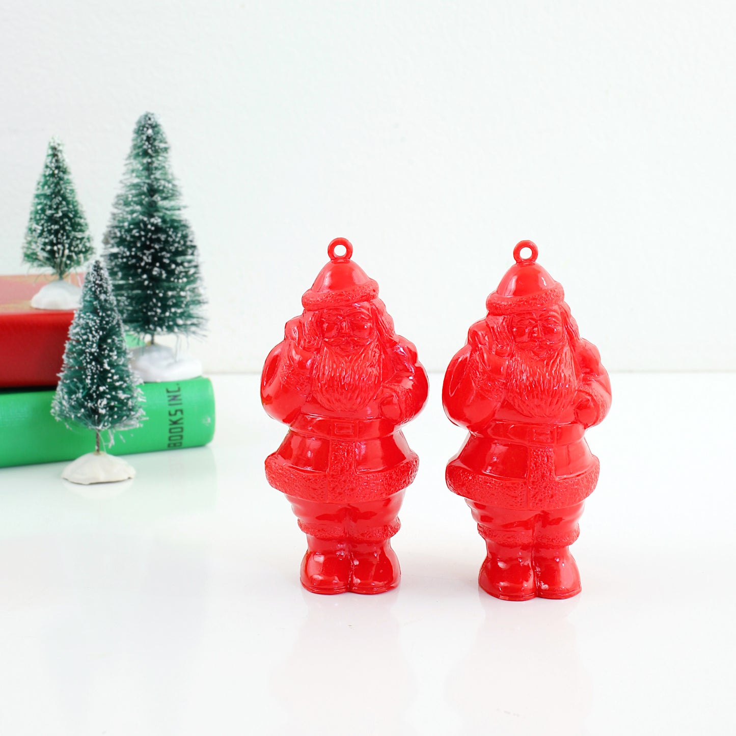 SOLD - Vintage 1950s Red Plastic Dime Store Santa Ornaments
