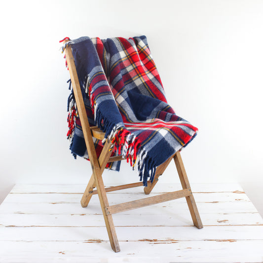 SOLD - Vintage Faribo Plaid Throw Blanket / Navy, Red, White & Yellow