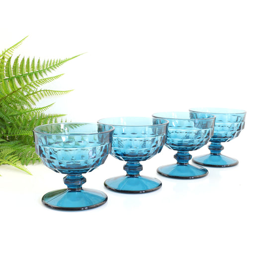 SOLD - Vintage Riviera Blue Whitehall Champagne Glasses by Indiana Glass Co.